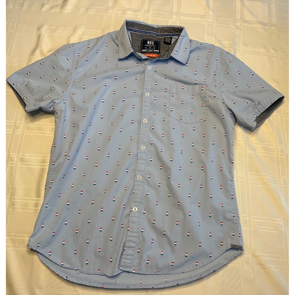 MBX Button Down Mens Large Blue Popsicle Print Short Sleeve Cotton Summer Shirt